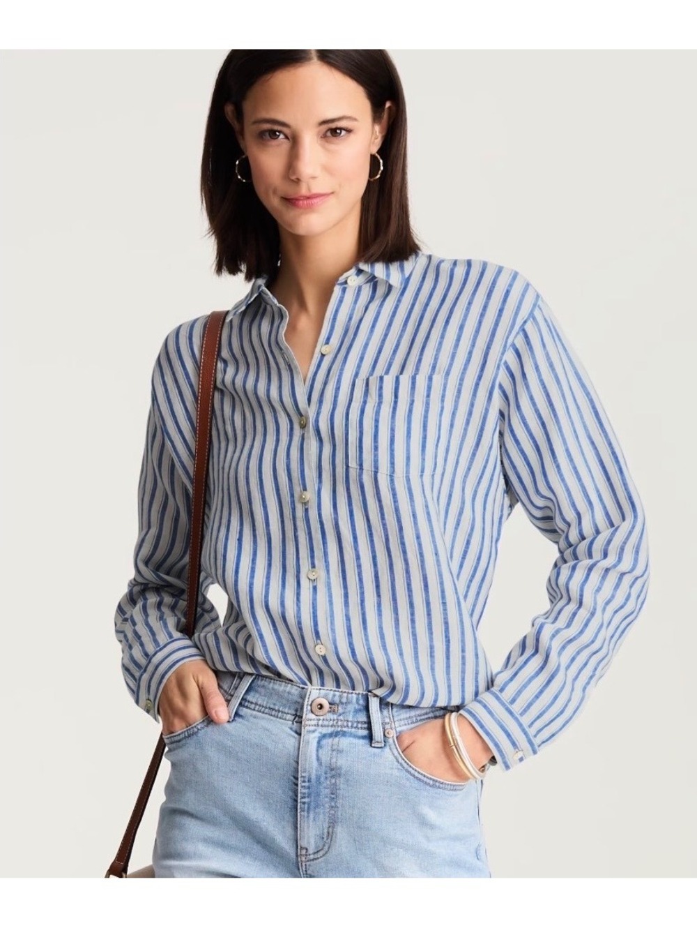 J.Jill Easy Linen Button Down Shirt Blue Stripes Medium